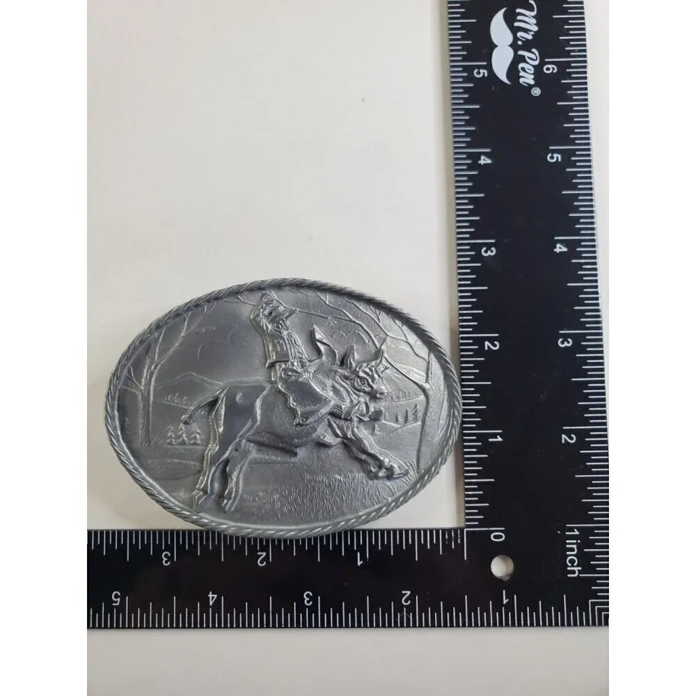 Belt Buckle Men's Cowboy‎ Riding Bull Bucking Pewter Roped-Edge Pewter Vintage